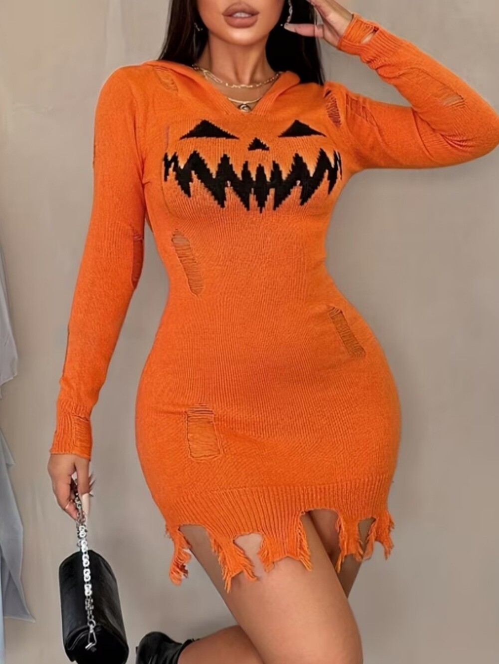 Orange Halloween Pumpkin Knit Hooded Dress NWOT - Picture 2 of 3